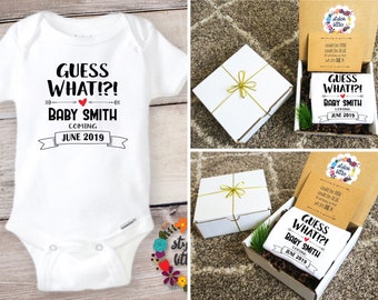 Personalized Guess What Baby Announcement Onesie® Gift Box a Custom Name and Due Date Pregnancy Reveal to Parents Grandparents Aunts Uncles
