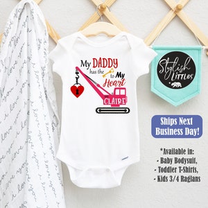 Personalized Father&#39;s Day Baby Girl Onesies®, Daddy Key to My Heart Cute Girl Kids Shirt, Custom Name Pink Construction Crane Girl Onesie®