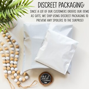 May include: Two white padded envelopes with the text "DISCREET PACKAGING: SINCE A LOT OF OUR CUSTOMERS ORDERS OUR ITEMS AS GIFTS, WE SHIP USING DISCREET PACKAGING TO PREVENT ANY SPOILERS TO THE SURPRISE!" on a white background. A small round wooden sign with the text "Stylish Littles" is in the bottom right corner.