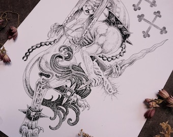 Gothic Guardian Art Print – Blackwork fantasy Style Medieval Wall Decor