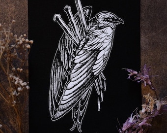 Black bird, screenprinted sew on, twill cotton for jacket - punk, goth, metal art