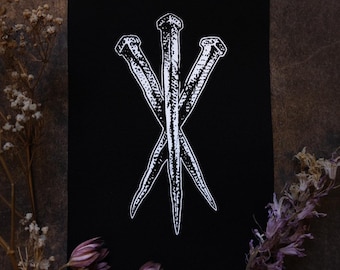 Rusted Coffin Nails Patch, Screenprinted Goth Metal Art Sew On, Cotton Twill Jacket Applique