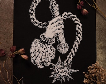 Medieval mace patch, screenprinted sew on, twill cotton for jacket - punk, goth, metal art