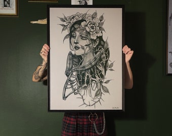 Biophilia - Fine dark art gilclée print, horror manga tattoo blackwork dotwork mythology gothic charcoal