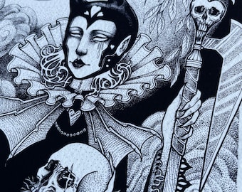 Queen of Hearts Art Print: Dotwork Occult Giclée on Cotton Paper