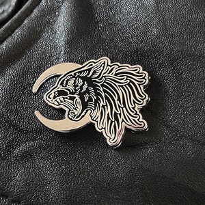 WOLF & MOON hard enamel pin, butterfly clutch, occult, metal, gothic, dark, goth, lapel pin, leather jacket