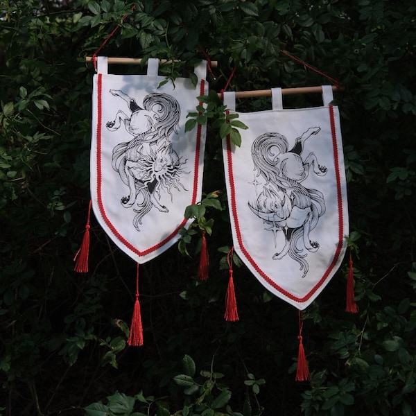 Estandarte de lobo Fenrir: colgante de pared de mitología nórdica, cosido a mano, impreso a mano, estilo mágico de arte oscuro medieval