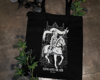 Long Live Death tote bag, screen printed, hand print, alternative, goth, dark art, gothic, tarot, medieval, armour