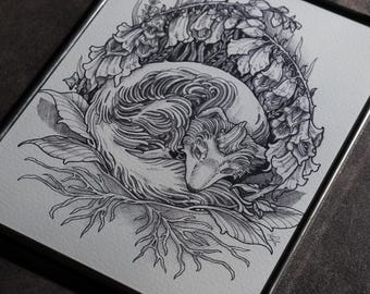 Foxglove dweller - Giclee print of handdrawn fox in the woods, fine art ink markers cute