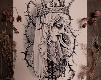Dark Queen Giclée Art Print – Gothic Medieval Wall Decor in blackwork tattoo style