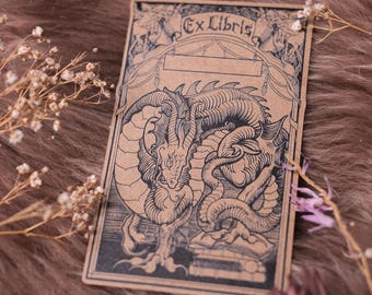 Dragon Bookplate Stickers: Ex Libris Vintage Kraft Paper name plate gift for the bookworm or dark academia