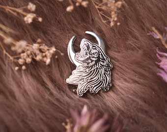 Wolf & Moon Hard Enamel Pin: Gothic Occult Lapel Pin, heavy metal, magical brooch