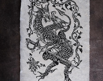 Two-Headed Dragon Linoleum Print: Gothic Fantasy Art on Lokta Paper, medieval inspired occult wall hanging