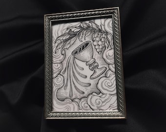 ACE OF CUPS - Original ink drawing with tarot engraving motif on antique frame
