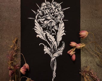 Rose & Thorns patch, screenprinted sew on, twill cotton for jacket - punk, goth, metal art