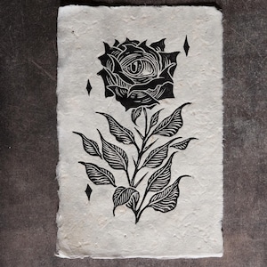 Little Rose Linoleum Print: Dark Gothic Fantasy Art on Lokta Paper