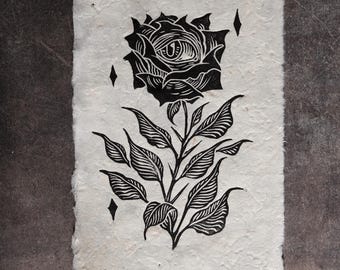 Little Rose Linoleum Print: Dark Gothic Fantasy Art on Lokta Paper