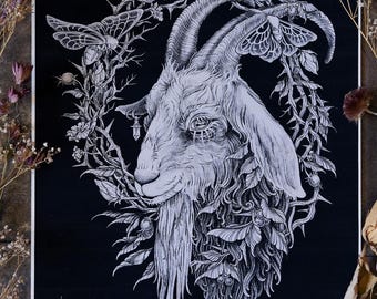 Warden of summer - Goat & Moths Giclée Print: Dark Gothic Wall Art for the forest witch