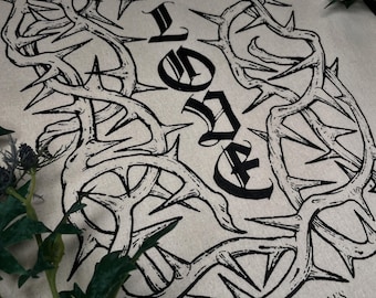 Hand-Printed 'Love' Tote Bag: Gothic Thorns, Dark Art and heavy metal lettering