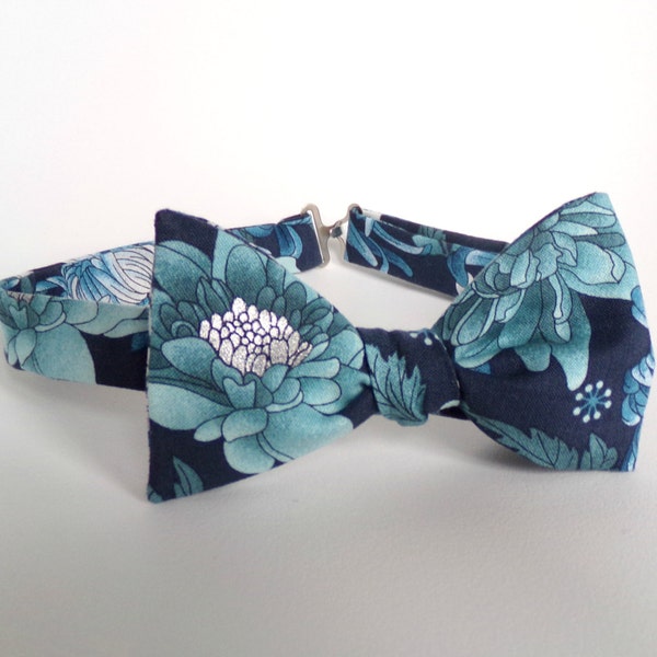 Blue Floral Bow Tie Self Tie Bowtie Silver Accents Navy Blue Teal Indigo Summer Wedding Formal Event Outdoor Casual Cotton Various SIzes Tie