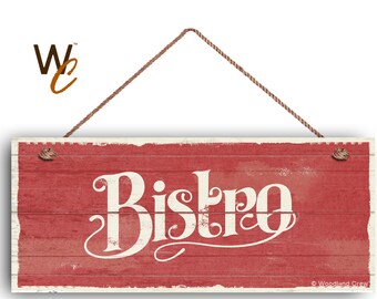Bistro Sign, French Cafe 6"x14" Sign, Red Rustic Style Kitchen Sign, Housewarming Gift, Dining Sign, Signs by Woodland Crew
