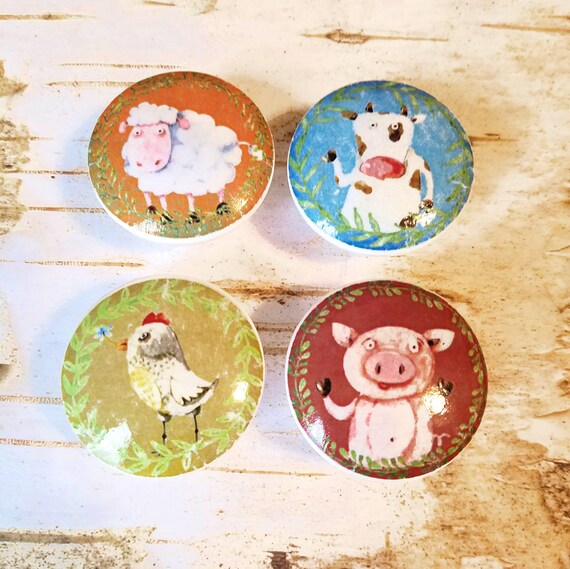 Farm Animal Knobs Set Of 4 Whimsical Farm Drawer Pulls Pig Etsy