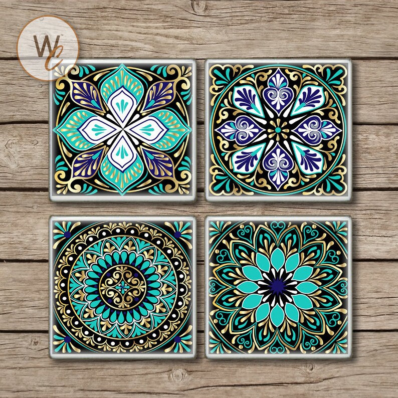 Drink Coasters Set Of 4 Mandala Designs In Aqua Gold And