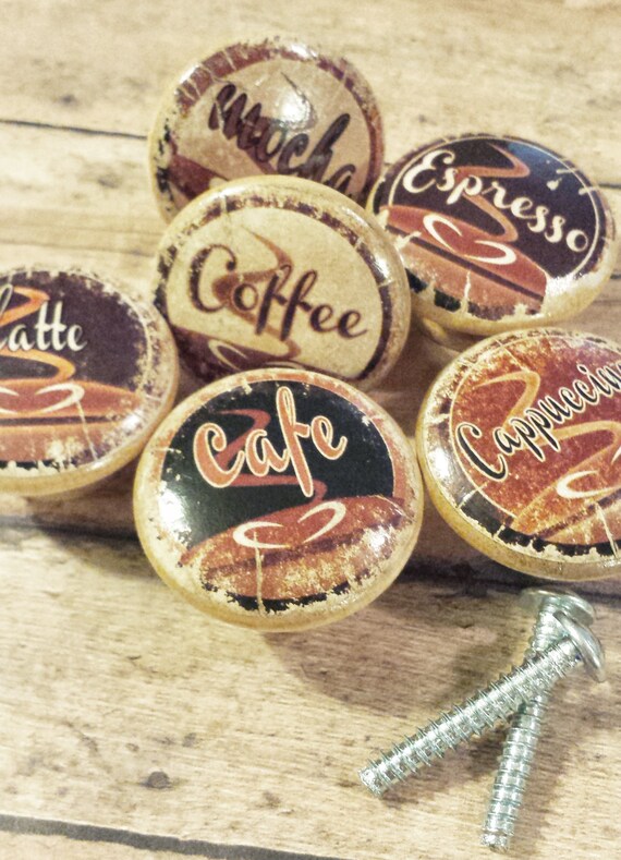 6 Espresso Knobs Drawer Pull Set Handmade Coffee Cafe Etsy