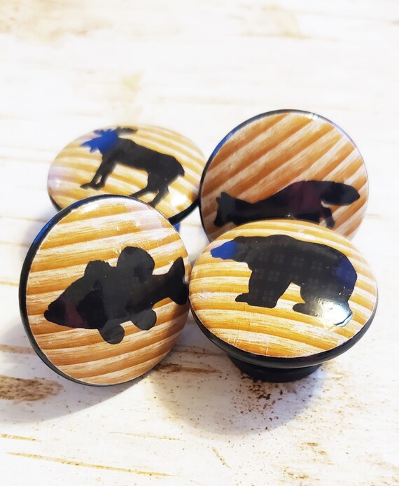 Wildlife Wood Knobs Drawer Pulls Bear Moose Fish Fox Etsy