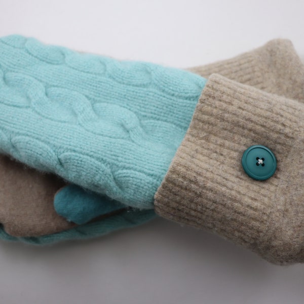 LARGE, Upcycled sweater mittens, Cable Knit, Felted wool, Canadian, Handmade, Gloves, Women, Teen, Men, Gift, Teal, Aquamarine, Teacher