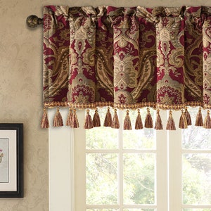 Luxembourg Valance- Damask Valance for Windows- Red Valance with Tassels 54"x18"