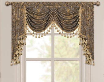 Cambridge Swag Valance- Traditional Waterfall Valance for Windows- Light Gray/Bronze Damask Valance with Tassels 39”W/59"W/79"W