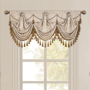 Palace Waterfall Valance- Traditional Swag Valance for Windows- Sand DamaskValance with Tassels 39”/59&quot;/79&quot;W