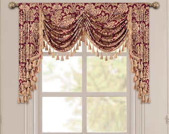 Faux Silk Window Valance - 55x18 Inch Waterfall Cascade With Tassels | Rod Pocket Curtain Top