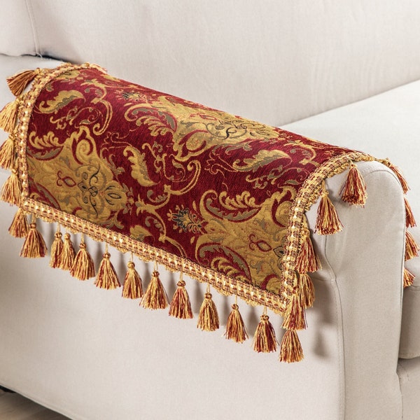 Florence Armrest Covers- Damask Furniture Slipcovers with Tassels- Burgundy Armrest Cover 20"x24" Set of 2
