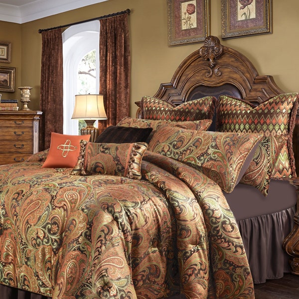 Twilight Comforter Set- 9 Pcs Paisley Jacquard Bedding Set- Bed in a Bag Queen/ King- Brown Paisley Comforter with Pillows