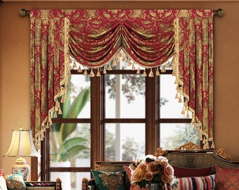 Florence Swag Valance- Traditional Waterfall Valance for Windows- Burgundy Damask Valance with Tassels 39”/59"/79"W