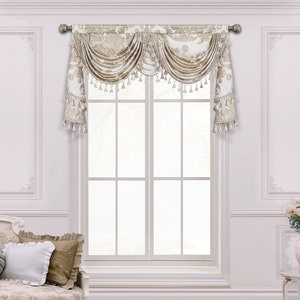 Paramo Swag Valance- Traditional Waterfall Valance for Windows- White Damask Valance with Tassels 39”W/59"W/79"W