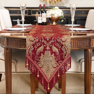 Florence Table Runner- Luxury Table Runner with Tassels for Christmas Table Decoration- Burgundy Table Runner 13x72"/90"/108"/120"