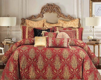 Florence Comforter Set- 12/13 Pcs Luxury Damask Bedding Set- Bed in a Bag Queen/ King- Burgundy Damask Comforter with Pillows