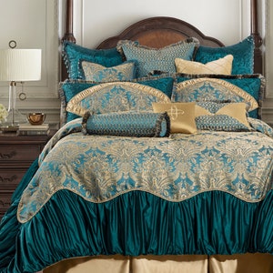 Noble Comforter Set- 11/12 Pcs Luxury Damask Bedding Set- Bed in a Bag Queen/ King- Teal and Gold Comforter with Pillows