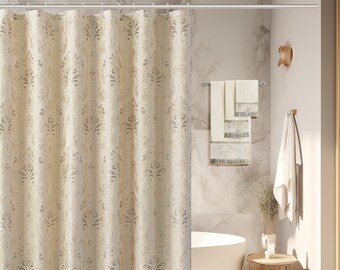 Seville Shower Curtain Set- Jacquard Bathroom Shower Curtain- Waterproof Heavyweight Beige Shower Curtain 72”Wx 72”L with 12 Metal Hooks