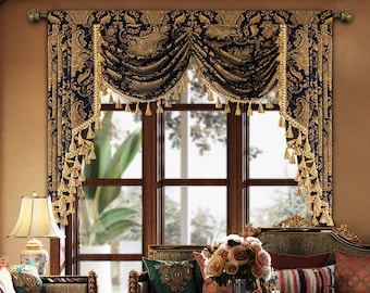 Black Florence Swag Valance- Traditional Waterfall Valance for Windows- Black Damask Valance with Tassels 39"59"/79"/110"W