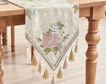 Valencia Table Runner- Floral Table Runner with Tassels for Table Decoration- Cream Table Runner 13x72"/90"/108"