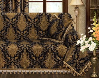 Black Florence Sofa Cover- Damask Sofa Slipcover with Tassels- Black and Gold Couch Cover 71"x118"