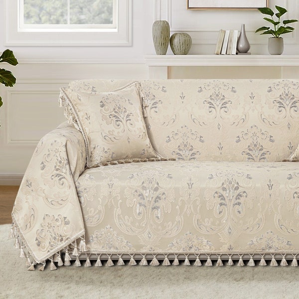 Seville Sofa Cover- Damask Sofa Slipcover with Tassels- Light Apricot Couch Cover 71"x118"