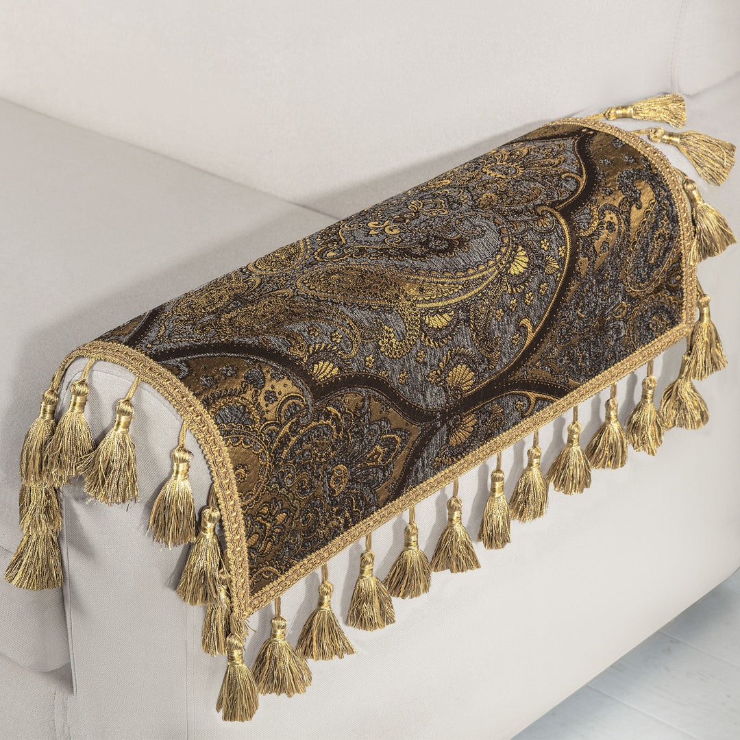 Cambridge Armrest Covers Damask Furniture Slipcovers With Tassels Light
