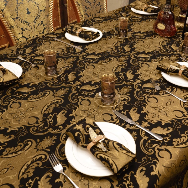 Black Florence Table Cloth- Damask Tablecloth with Tassels for Halloween Table Decoration- Black Table Cloth 60x104"/120"