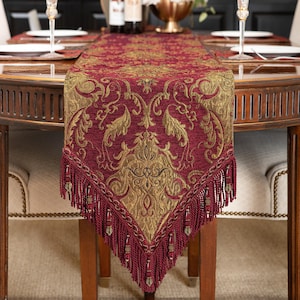 Florence Table Runner- Luxury Table Runner with Tassels for Christmas Table Decoration- Burgundy Table Runner 13x72"/90"/108"/120"