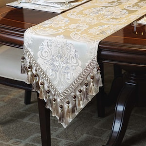 Seville Table Runner- Luxury Table Runner with Tassels for Table Decoration- Beige Table Runner 13x72"/90"/108"/120"